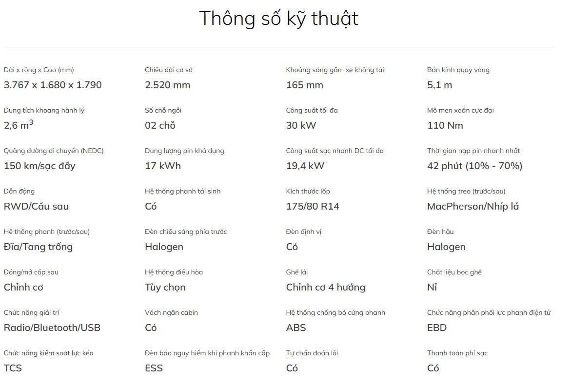 Thống số kỹ thuật EV Van VinFast